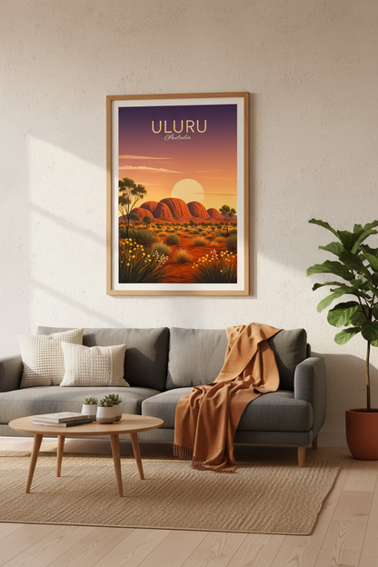 Uluru Australia Travel Poster | Sunset Desert Wall Art Print, Large Landscape Decor