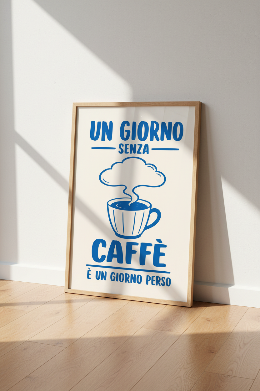 Coffee Cup Wall Art | Bold Blue Lines, Café Vibes | Living Room Decor
