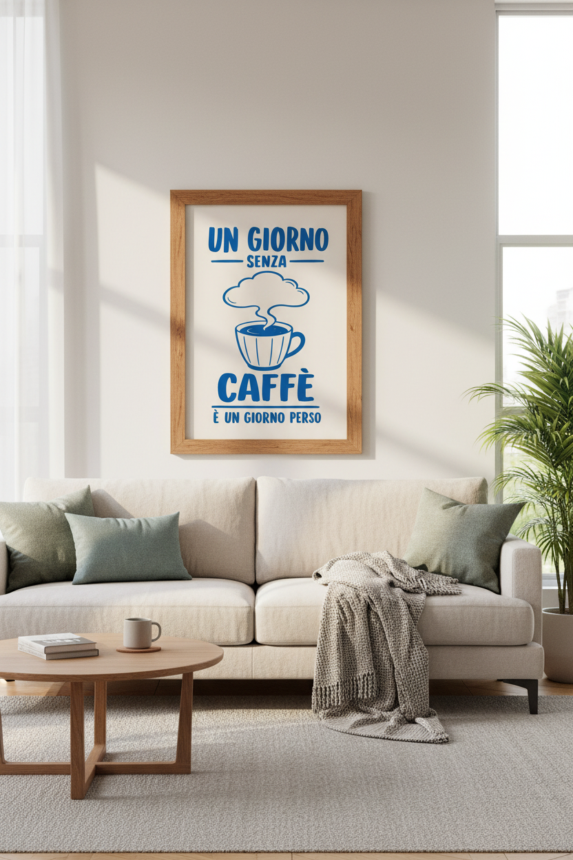 Coffee Cup Wall Art | Bold Blue Lines, Café Vibes | Living Room Decor