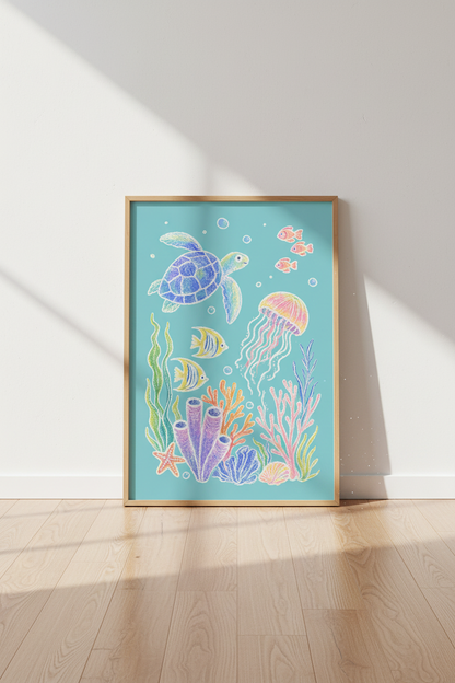 Sea Turtle &amp; Jellyfish Wall Art | Pastel Ocean Nursery Decor | Whimsical Poster