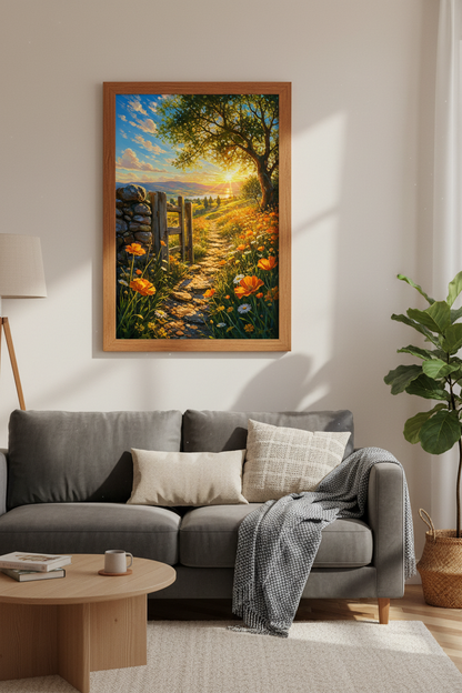 Countryside Meadow Sunscape Art | Vibrant Orange Flowers, Farmhouse Decor
