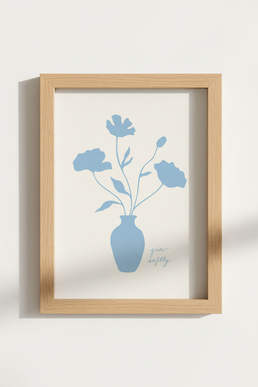 Blue Floral Art Print | Minimalist Botanical Poster, Grow Softly Nursery Wall Decor