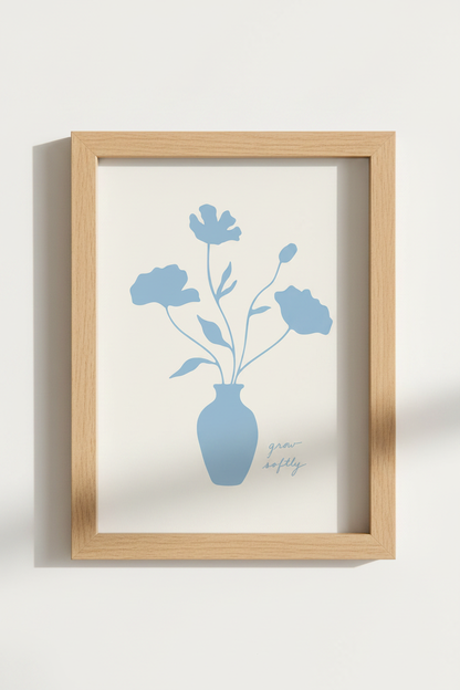 Blue Floral Art Print | Minimalist Botanical Poster, Grow Softly Nursery Wall Decor