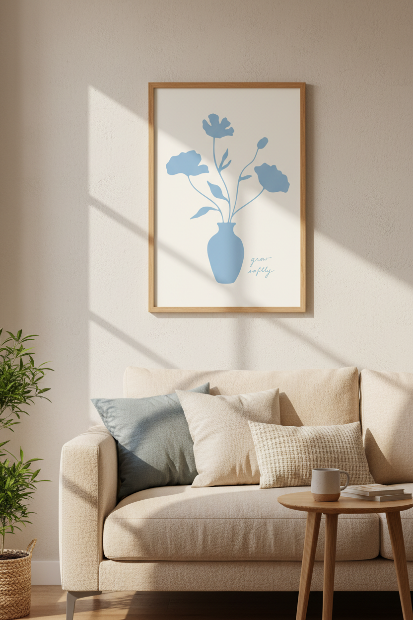 Blue Floral Art Print | Minimalist Botanical Poster, Grow Softly Nursery Wall Decor
