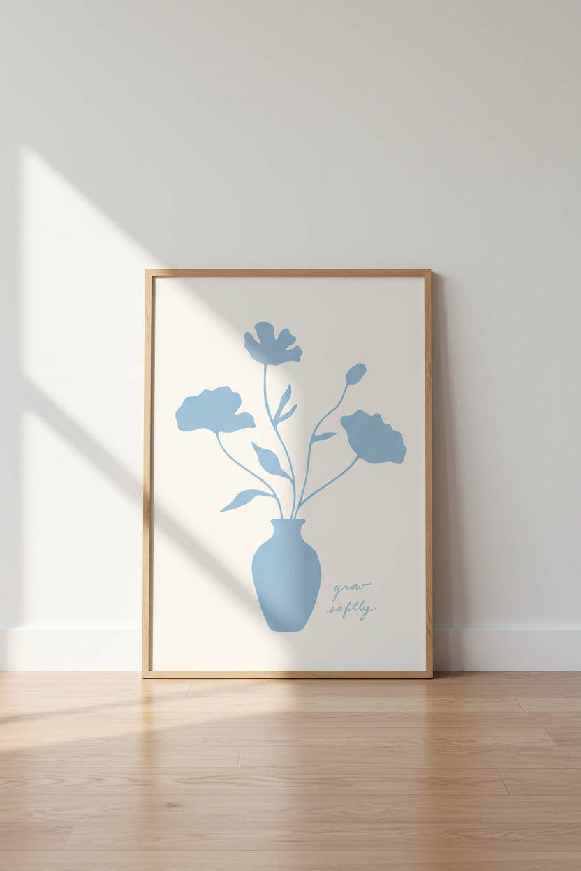 Blue Floral Art Print | Minimalist Botanical Poster, Grow Softly Nursery Wall Decor