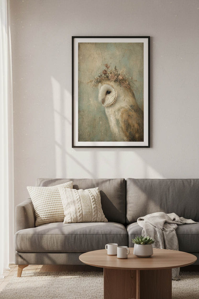 Barn Owl Floral Wall Art | Vintage Oil Painting Poster | Nursery Cottagecore Decor