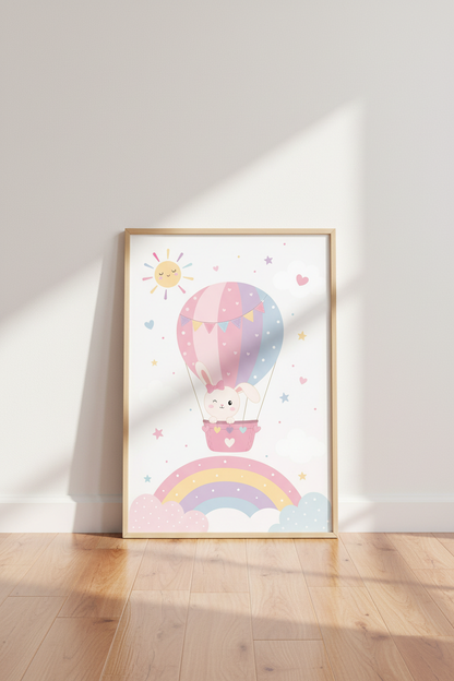 Bunny Hot Air Balloon Art | Pastel Rainbow Nursery Decor | Whimsical Poster