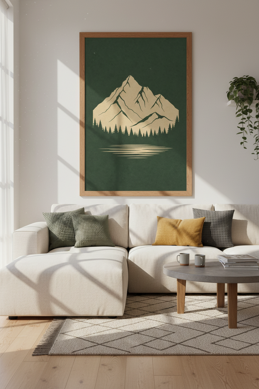 Mountain Landscape Print | Minimalist Forest Green Nature Wall Art, Living Room Decor