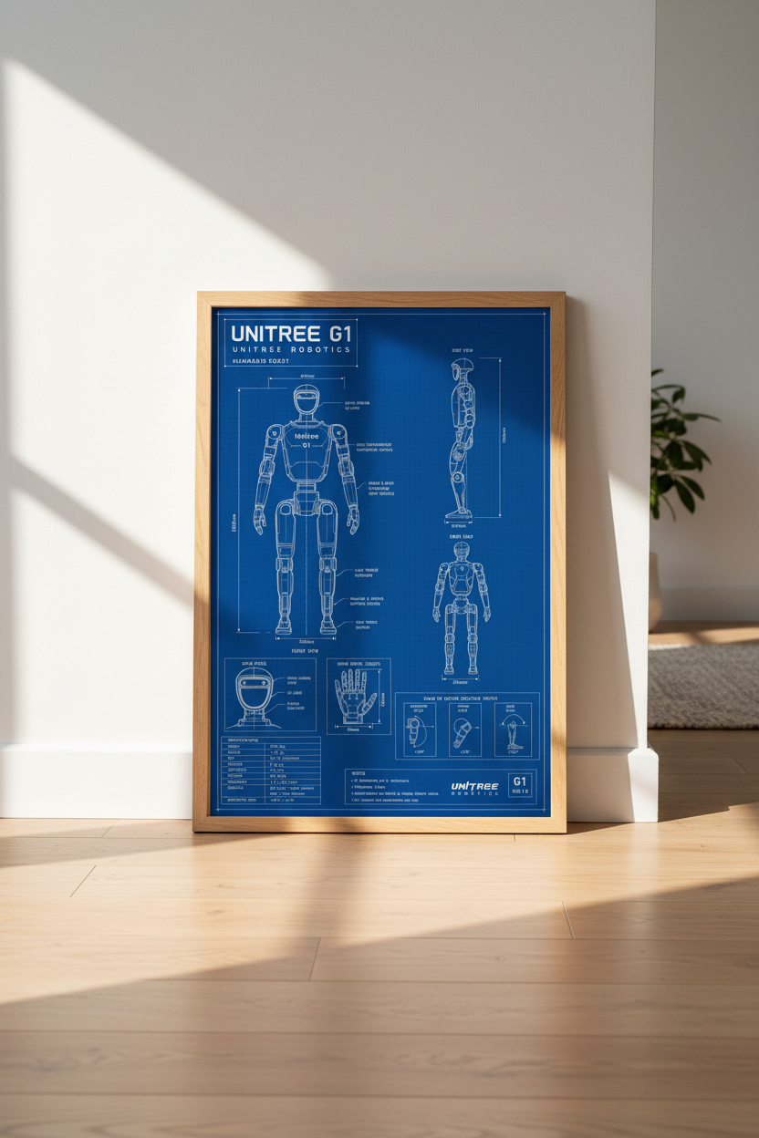 Unitree G1 Robot Blueprint | Tech Schematic Wall Art, Engineering Lab Decor