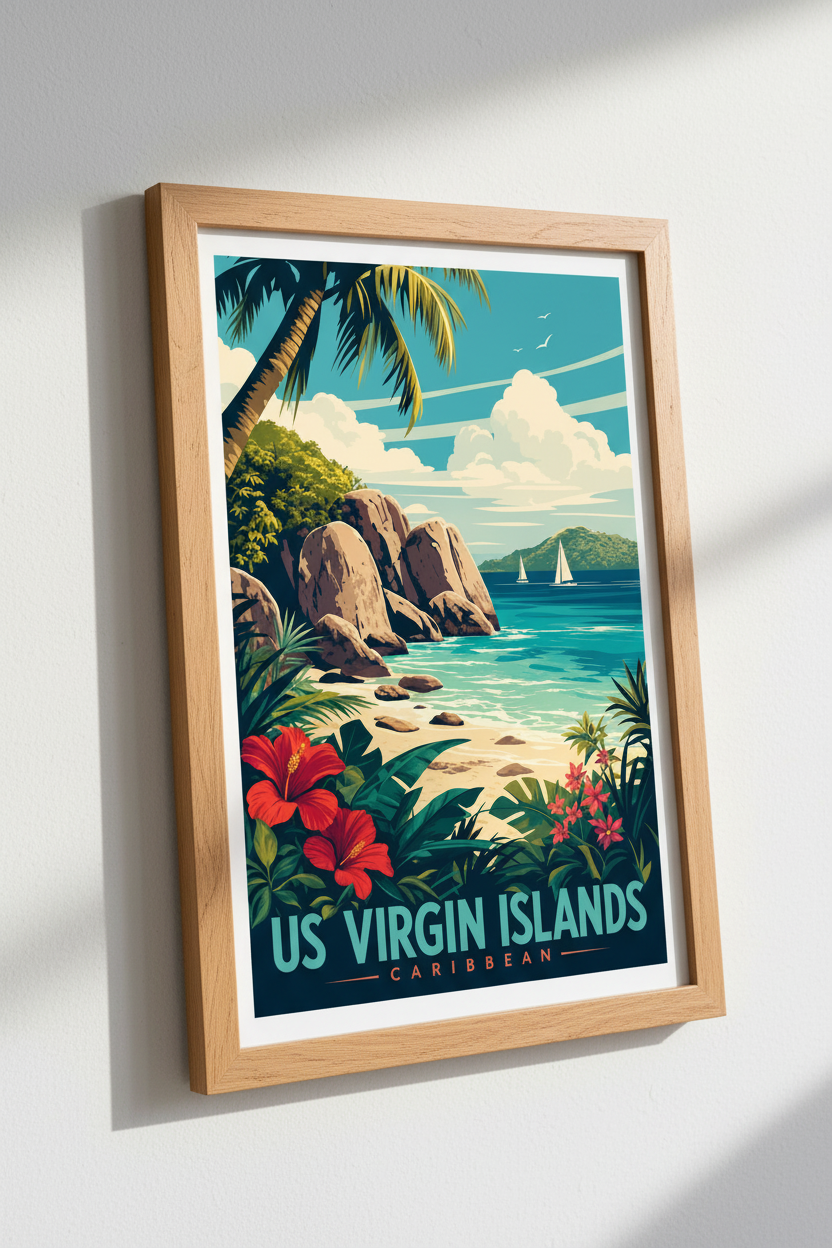 US Virgin Islands Travel Poster | Tropical Beach Retro Wall Art, Caribbean Decor