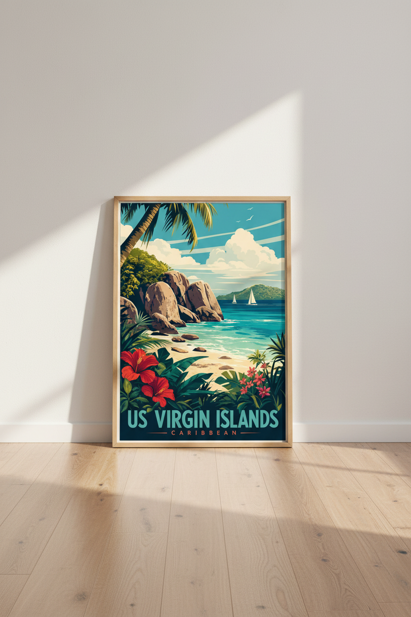 US Virgin Islands Travel Poster | Tropical Beach Retro Wall Art, Caribbean Decor