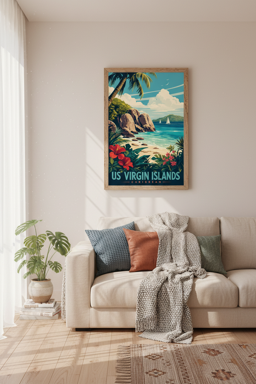 US Virgin Islands Travel Poster | Tropical Beach Retro Wall Art, Caribbean Decor