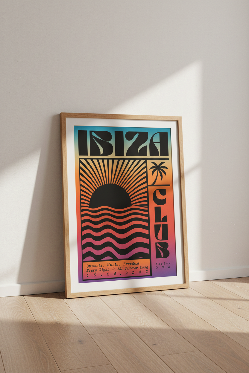 Ibiza Sunset Wall Art | Retro Club Series Poster, Vibrant Bedroom Decor