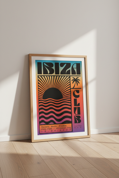 Ibiza Sunset Wall Art | Retro Club Series Poster, Vibrant Bedroom Decor