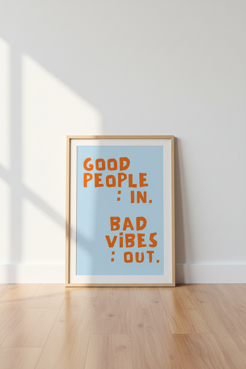 Bold Poster Art | Orange Text on Sky Blue Backdrop | Living Room Decor