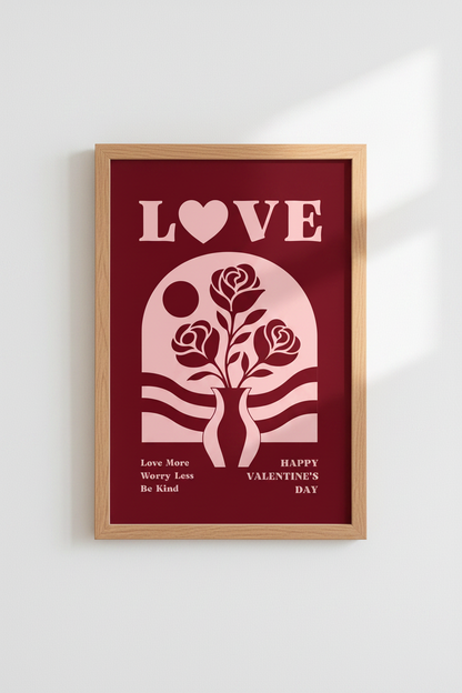 Retro Rose Bouquet Art | Red Pink Love Poster, Valentine Bedroom Wall Decor