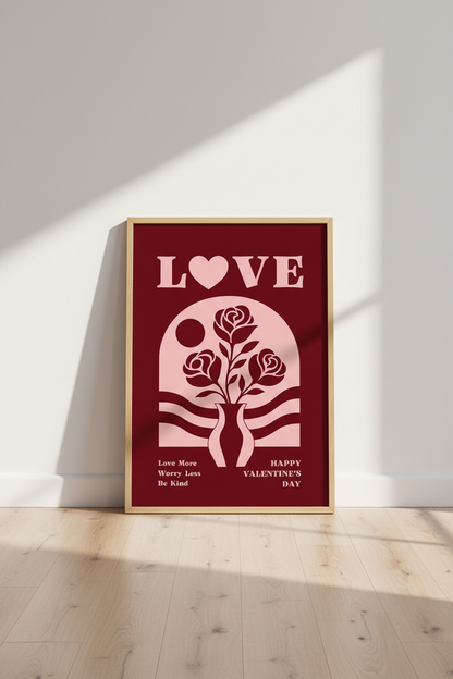 Retro Rose Bouquet Art | Red Pink Love Poster, Valentine Bedroom Wall Decor