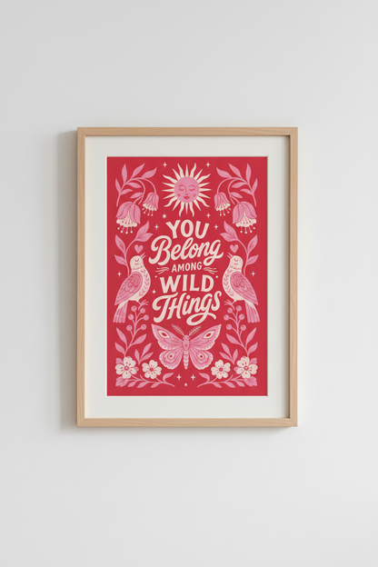 Wild Things Folk Art Print | Red &amp; Pink Botanical Poster, Maximalist Decor