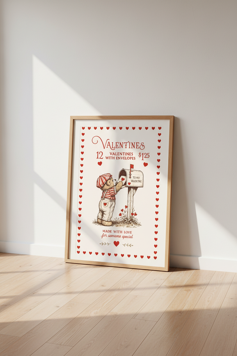 Vintage Valentine Teddy Bear Wall Art | Retro Heart Decor | Cottagecore Nursery Poster
