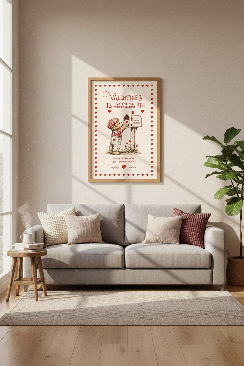 Vintage Valentine Teddy Bear Wall Art | Retro Heart Decor | Cottagecore Nursery Poster