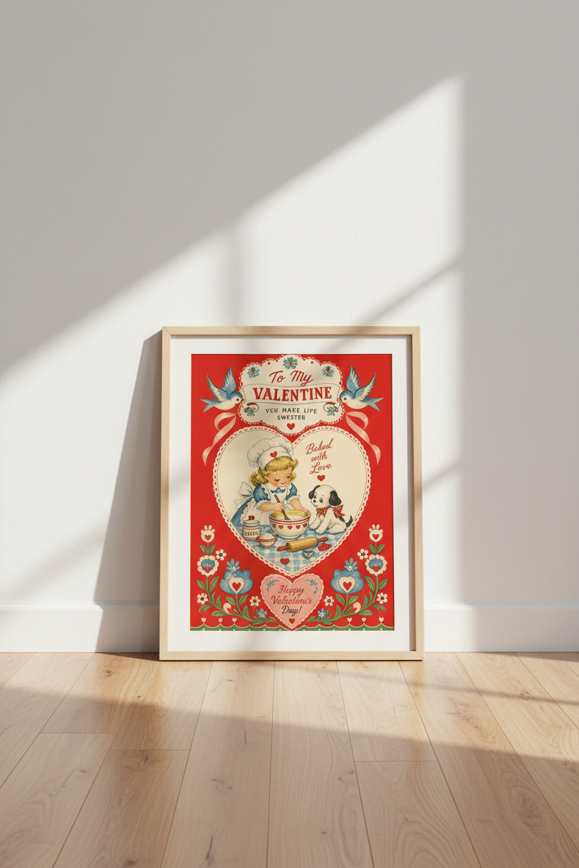 Vintage Valentine Kitchen Wall Art | Retro Baker Poster, Puppy Art Print