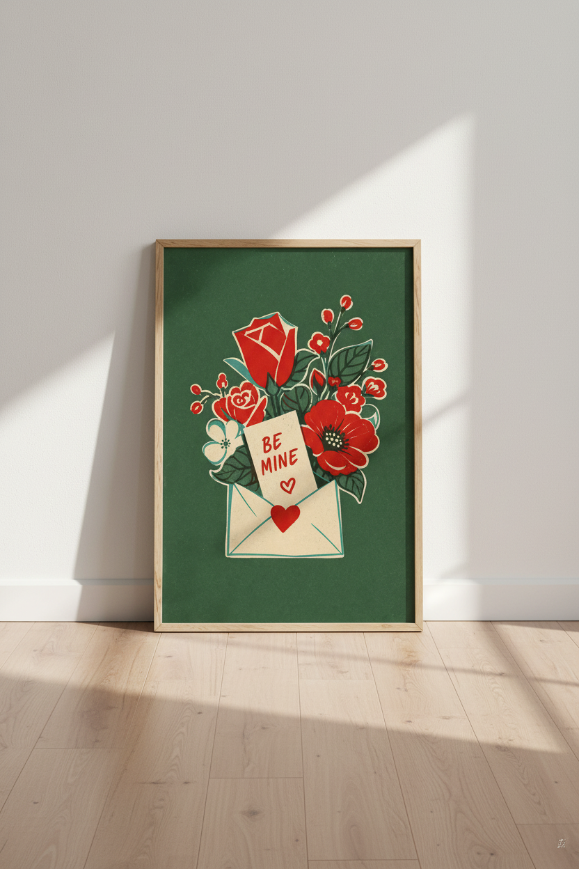 Vintage Be Mine Rose Wall Art Print | Bedroom Decor | Retro Love Letter Poster