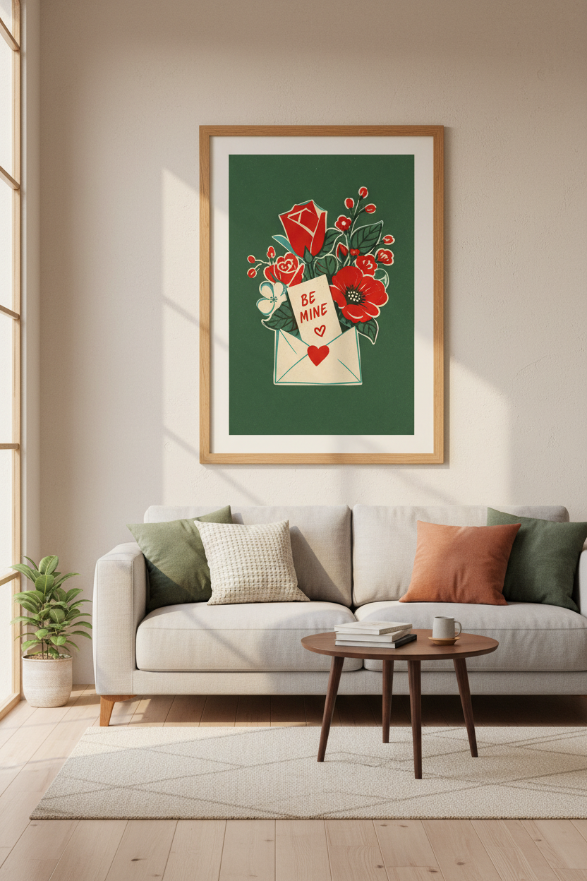 Vintage Be Mine Rose Wall Art Print | Bedroom Decor | Retro Love Letter Poster