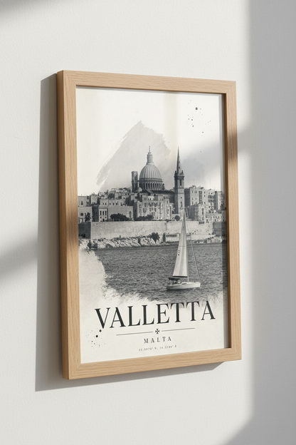 Valletta Malta Wall Art | Monochrome Sketch Travel Poster, Minimalist Decor