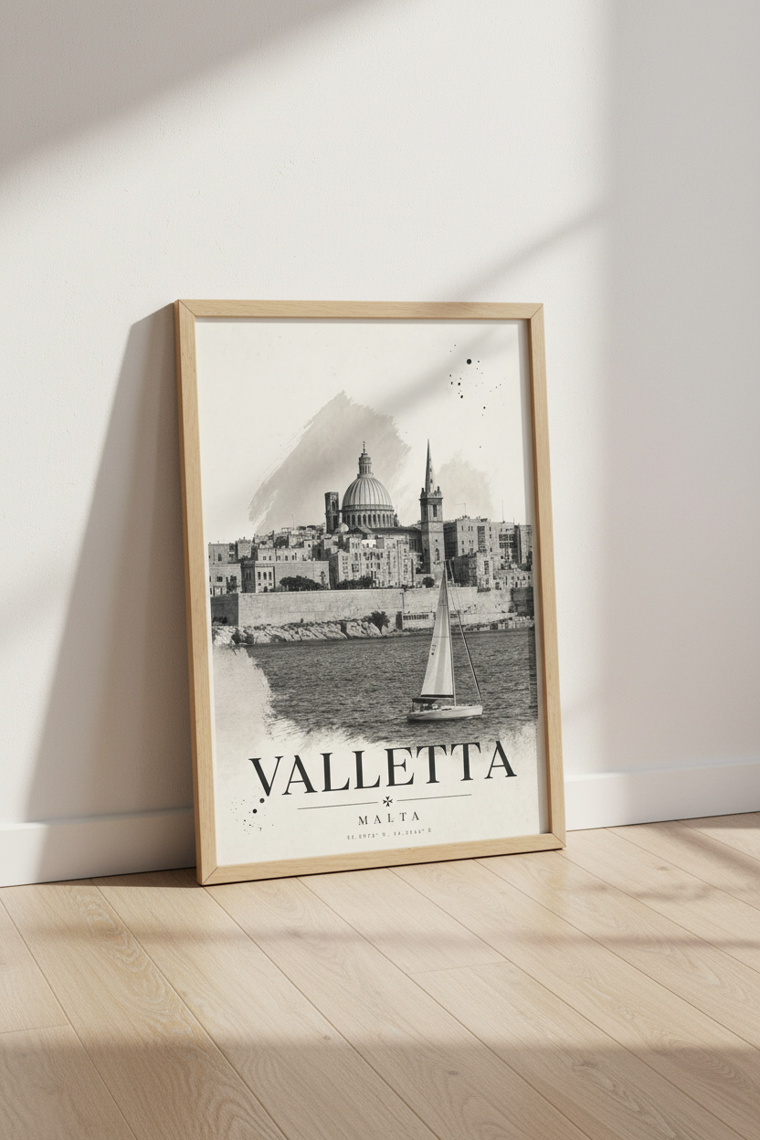 Valletta Malta Wall Art | Monochrome Sketch Travel Poster, Minimalist Decor