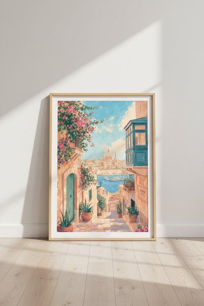 Valletta Malta Art Print | Mediterranean Coastal Decor | Pastel Travel Poster