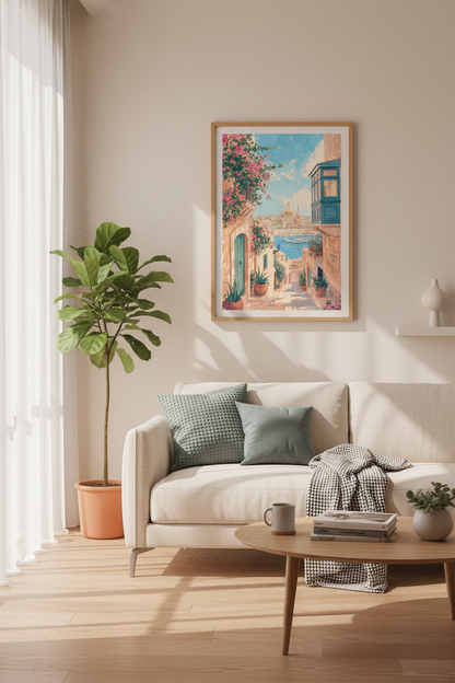 Valletta Malta Art Print | Mediterranean Coastal Decor | Pastel Travel Poster