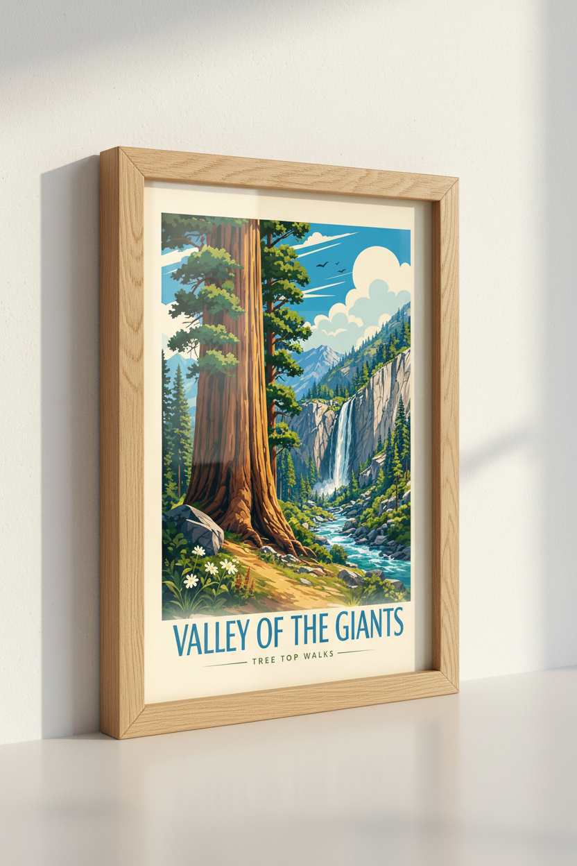 Redwood Forest Waterfall Art Print | Valley of the Giants Retro Poster | Nature Decor