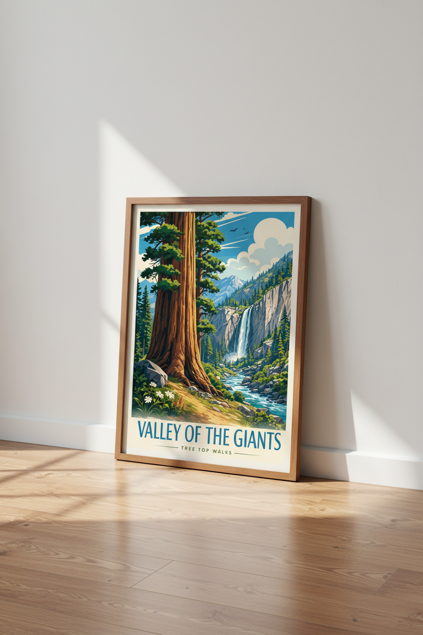 Redwood Forest Waterfall Art Print | Valley of the Giants Retro Poster | Nature Decor