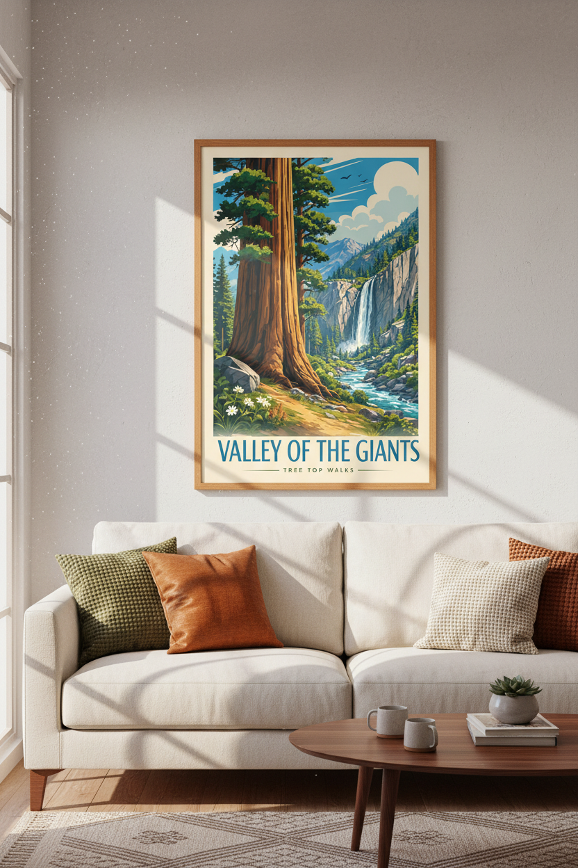 Redwood Forest Waterfall Art Print | Valley of the Giants Retro Poster | Nature Decor
