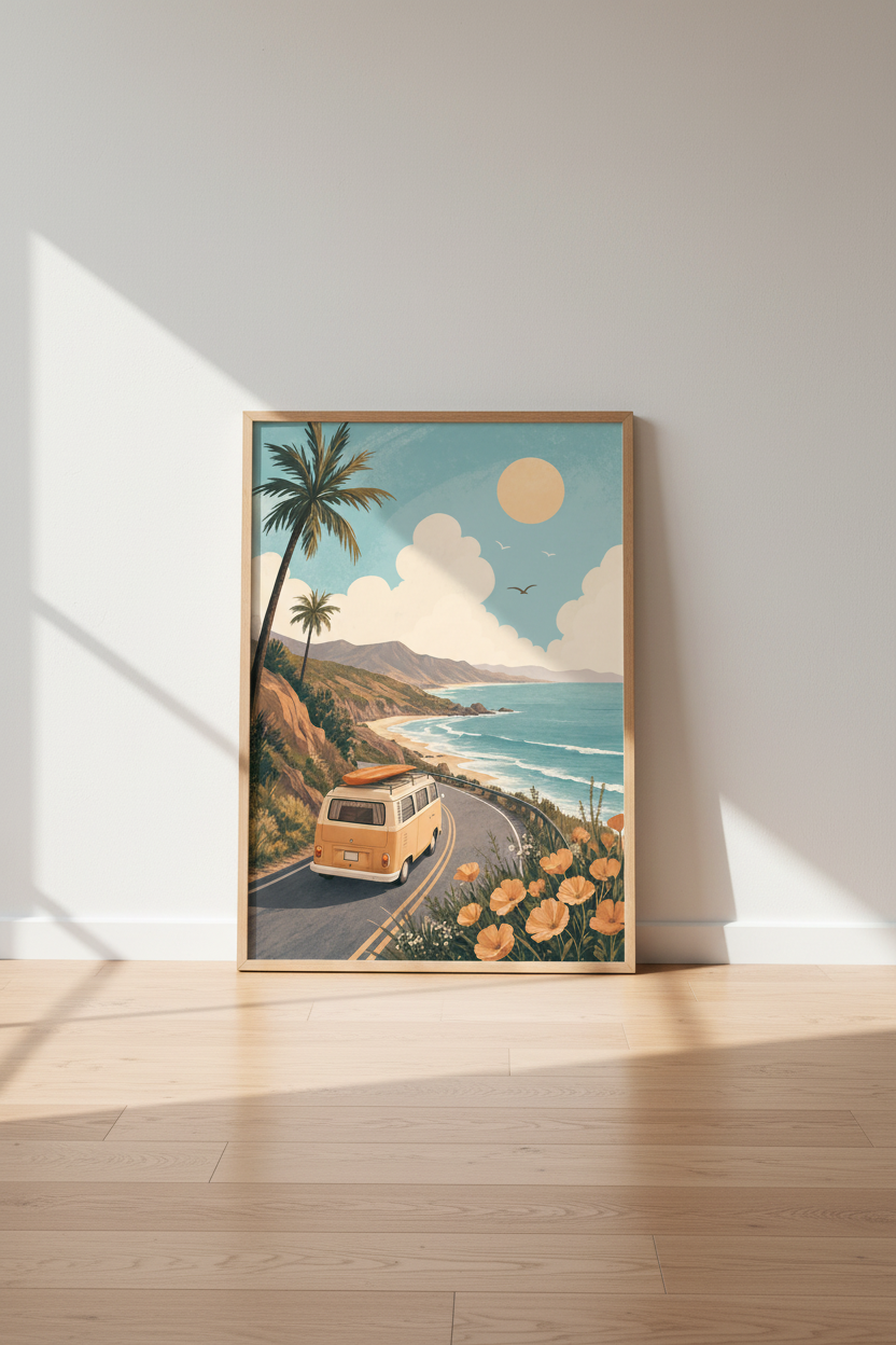Vintage Surf Van Coast Wall Art | Retro Beach Poster, Coastal Nursery Decor