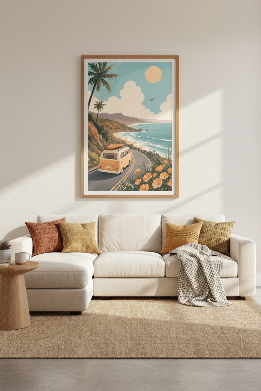 Vintage Surf Van Coast Wall Art | Retro Beach Poster, Coastal Nursery Decor