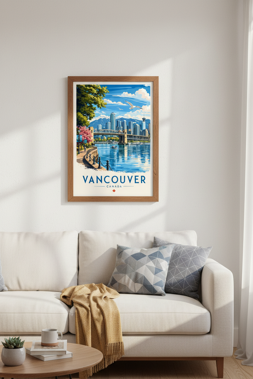 Vancouver Skyline Travel Poster | Canada Cityscape Wall Art, Urban Nature Decor