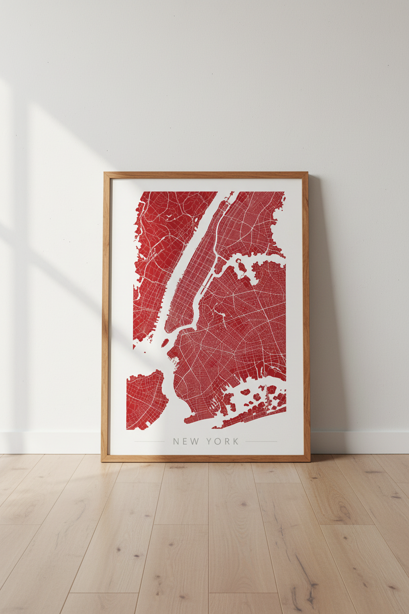 New York City Map Wall Art | Bold Red Minimalist Print | NYC Home Office Decor