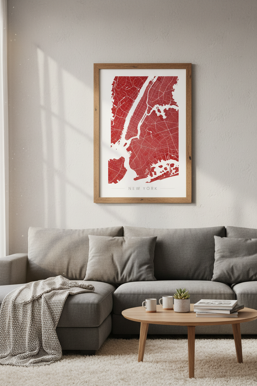 New York City Map Wall Art | Bold Red Minimalist Print | NYC Home Office Decor