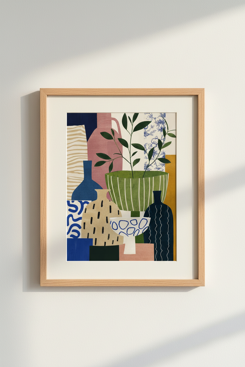 Abstract Still Life Print | Modern Pottery Collage, Eclectic Pastel Floral Wall Decor