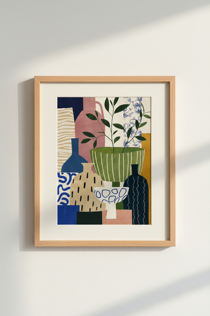 Abstract Still Life Print | Modern Pottery Collage, Eclectic Pastel Floral Wall Decor