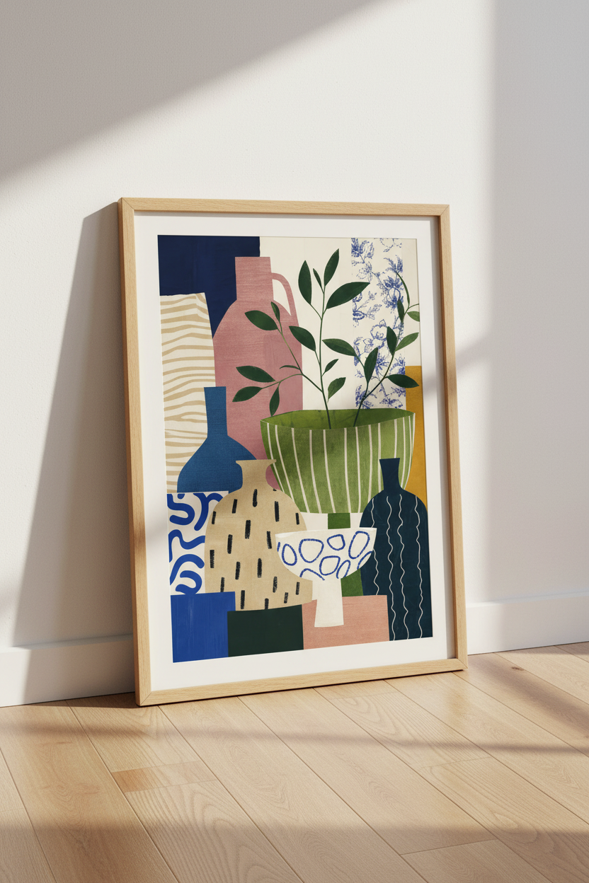 Abstract Still Life Print | Modern Pottery Collage, Eclectic Pastel Floral Wall Decor