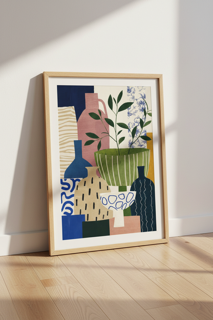 Abstract Still Life Print | Modern Pottery Collage, Eclectic Pastel Floral Wall Decor