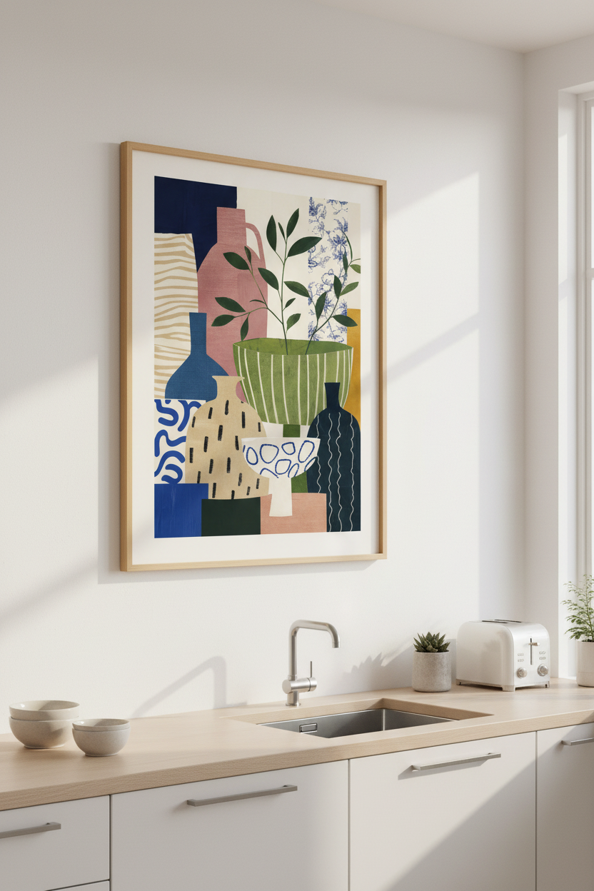 Abstract Still Life Print | Modern Pottery Collage, Eclectic Pastel Floral Wall Decor