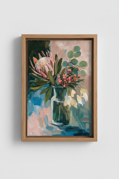 Floral Bouquet Wall Art | Impressionist Vase, Blues &amp; Pinks | Living Room Decor