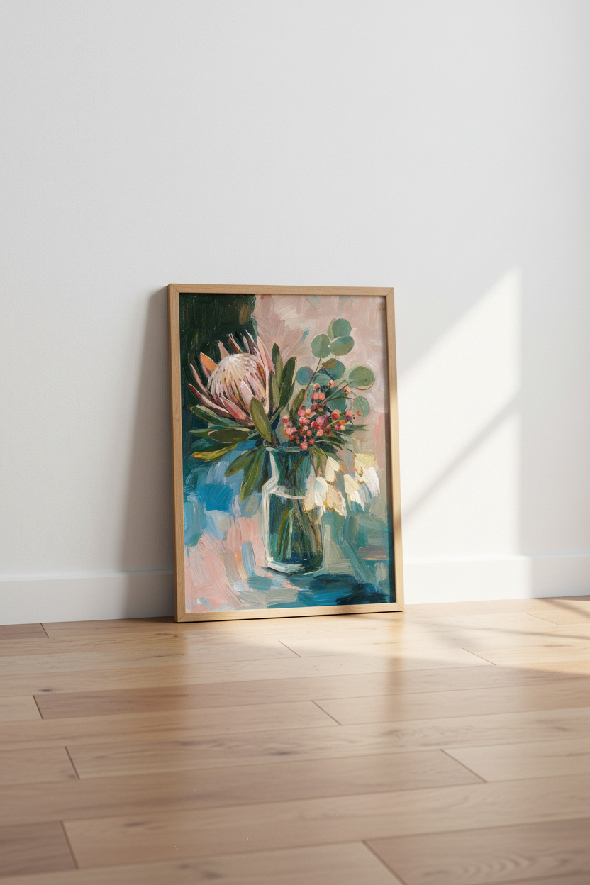Floral Bouquet Wall Art | Impressionist Vase, Blues &amp; Pinks | Living Room Decor