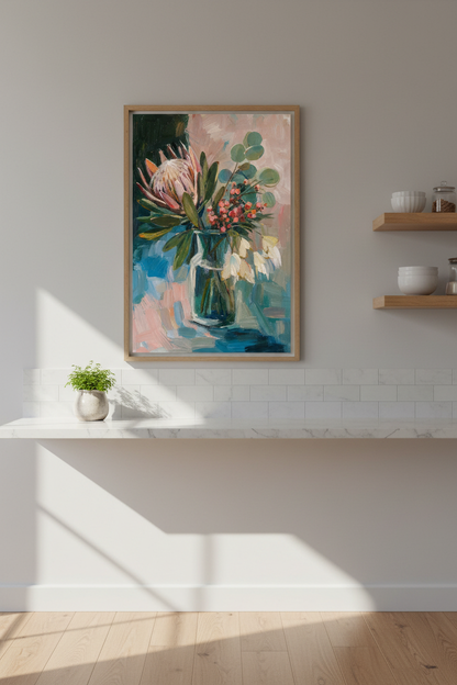Floral Bouquet Wall Art | Impressionist Vase, Blues &amp; Pinks | Living Room Decor