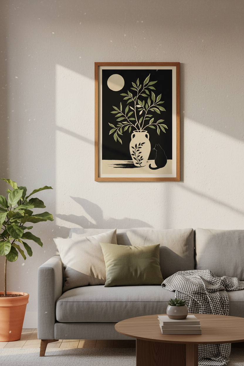 Black Cat Moon Botanical Wall Art | Dark Academia Bedroom Decor | Minimalist Poster