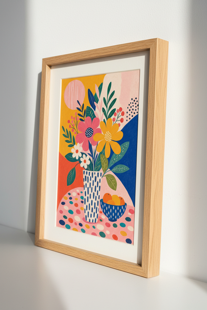 Floral Still Life | Vibrant Mustard &amp; Blue Abstract Art, Modern Kitchen Poster