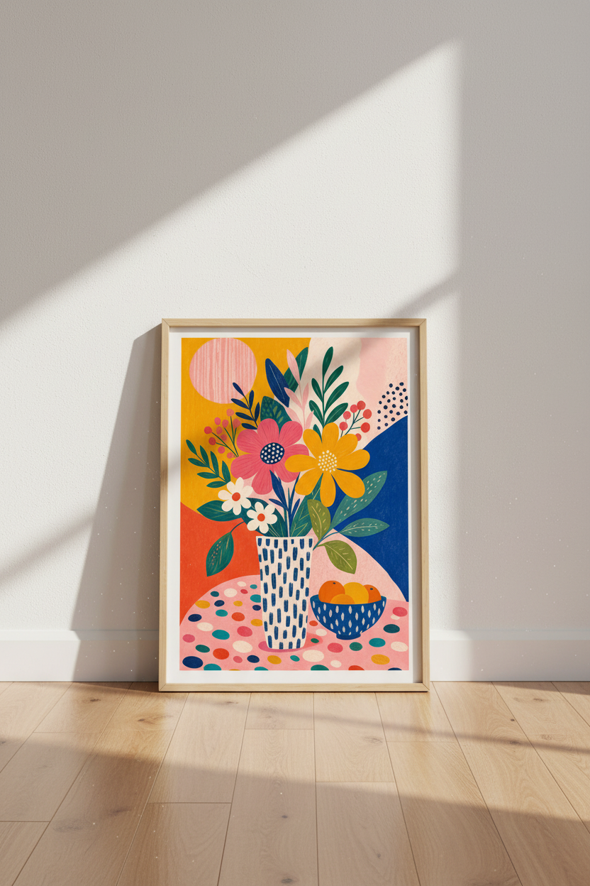 Floral Still Life | Vibrant Mustard &amp; Blue Abstract Art, Modern Kitchen Poster